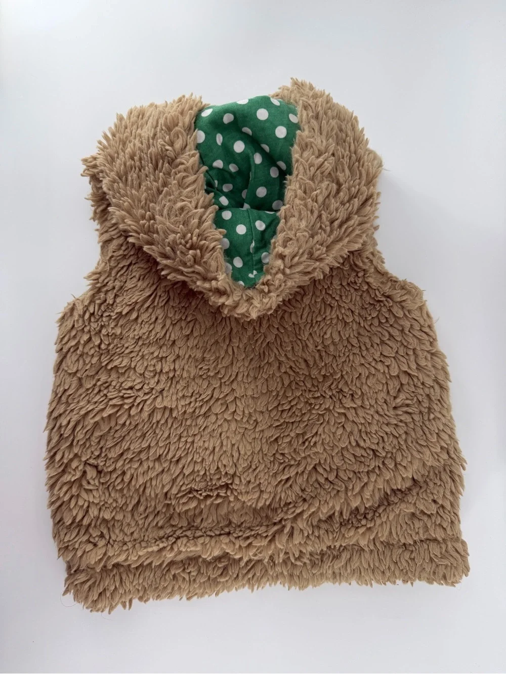 Mini Boden Green Polka Dot lined Tan Oatmeal Sherpa Vest 5-6Y Unisex
